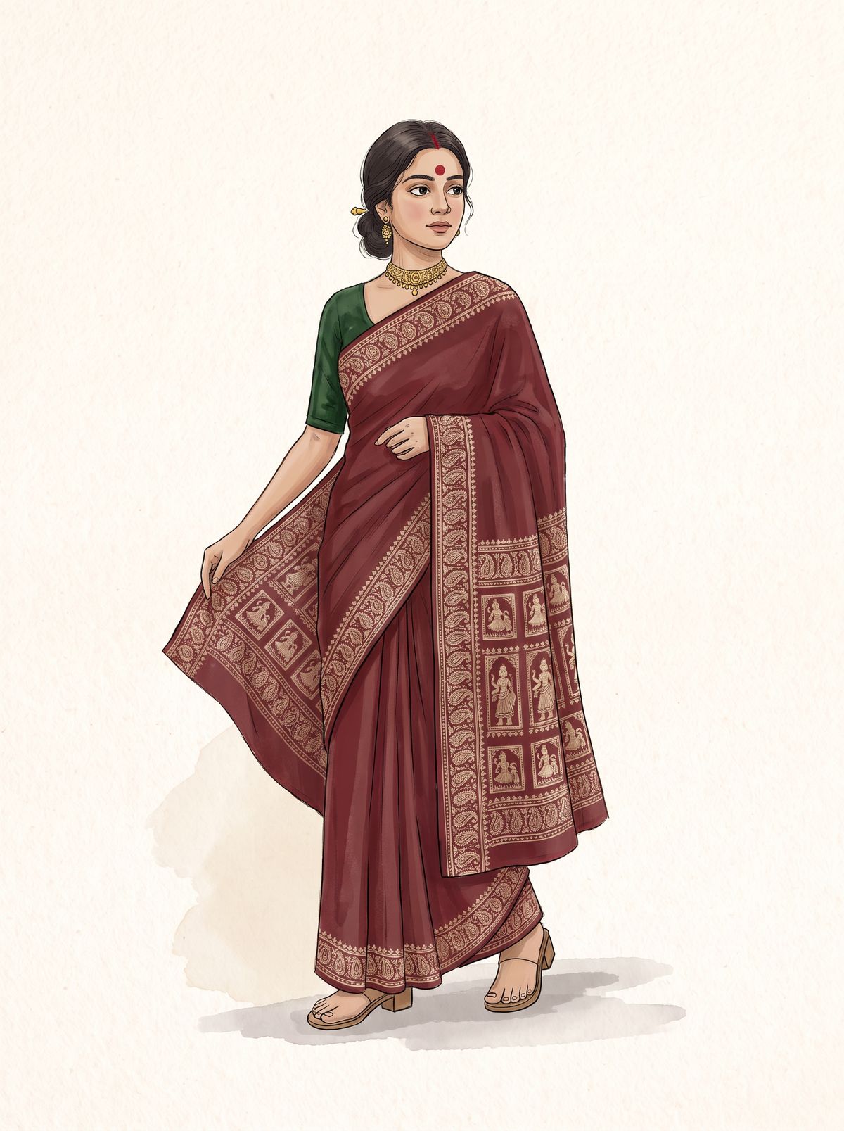 An illustration of a woman holding out the pallu of a deep maroon silk Baluchari saree woven with small panels of figures and a paisley border, with a dark green silk blouse, a gold-look choker, a large red bindi and low block-heel sandals
