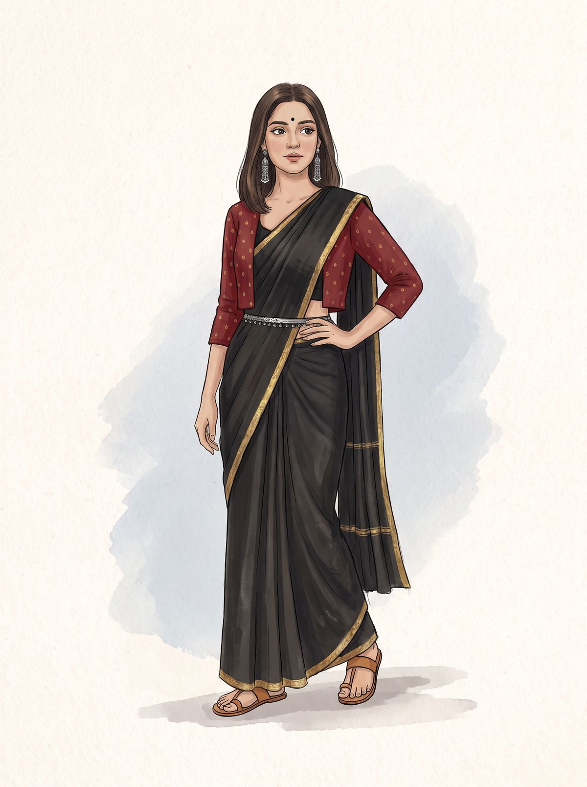 An illustration of a young woman with one hand on her hip in a black handloom saree with a thin gold border, a slim oxidised-silver belt, a cropped deep red jacket with small gold dots over a black blouse, long oxidised earrings and flat sandals, against a pale blue wash
