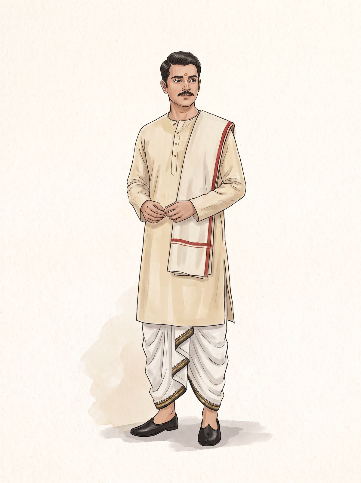 An illustration of a man standing with his hands together in a white dhoti with a thin black and gold border, a cream tussar panjabi below the knee, a folded off-white shawl with a red border over one shoulder, and black leather nagra shoes