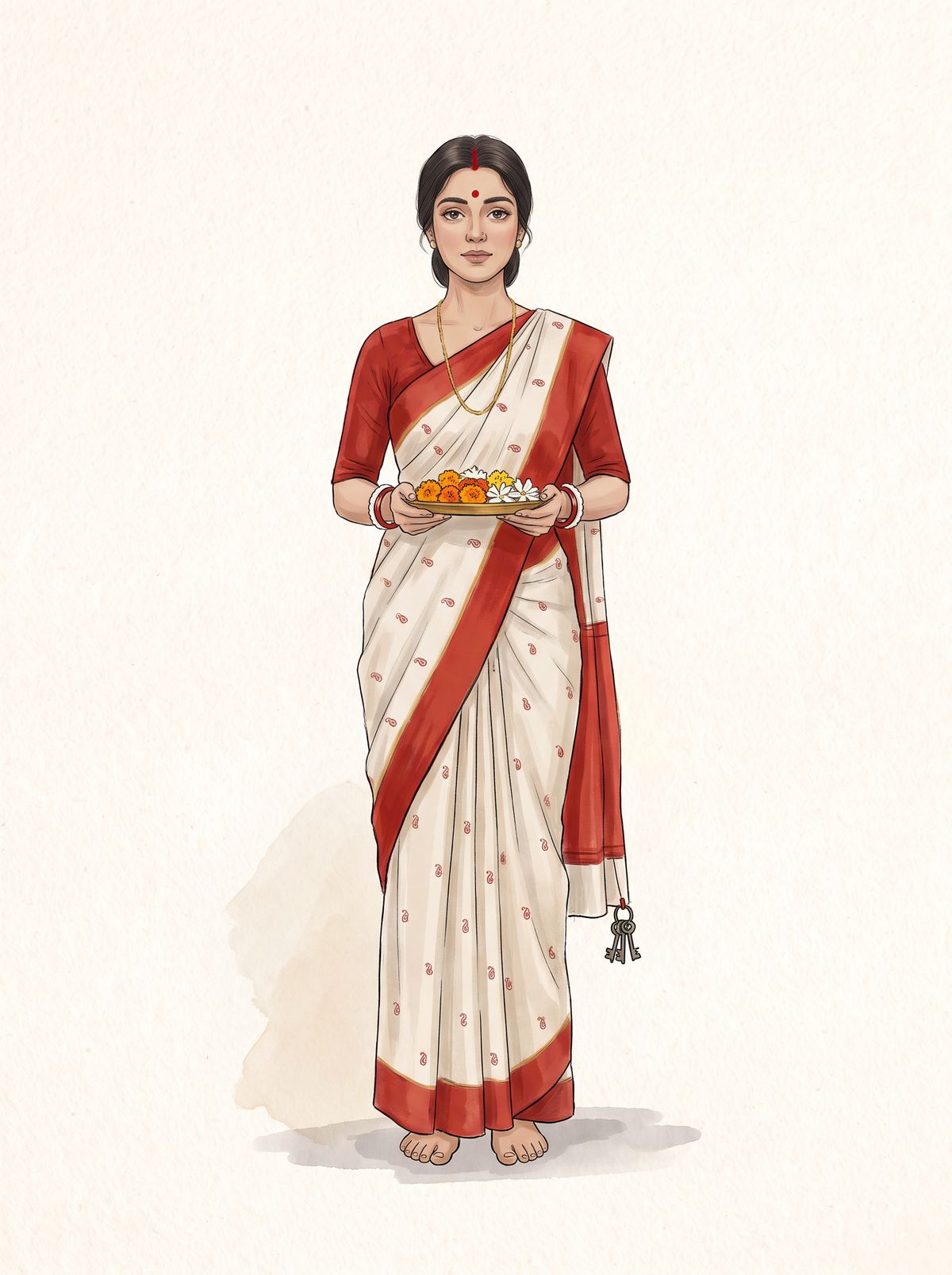 An illustration of a woman standing barefoot for anjali, holding a brass plate of marigolds and white flowers, in an off-white Garad silk saree with small red paisleys and a broad red border, a red silk blouse, white and red bangles, sindoor in her parting and keys tied to the end of her aanchal