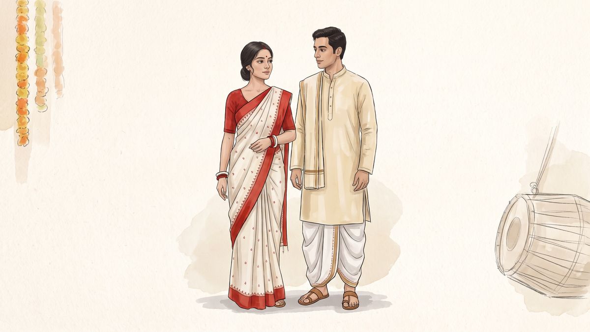 An illustration: a Bengali woman in an off-white Garad silk saree with a broad red border, red blouse and white and red bangles, beside a man in a white dhoti and a cream silk panjabi with a folded shawl, both turned towards each other; marigold strings at the left edge and a sketched dhak at the right