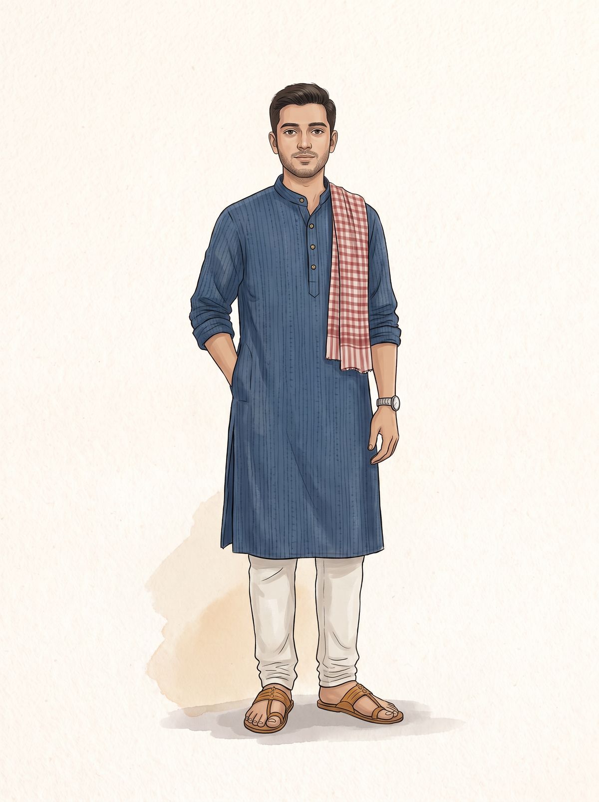 An illustration of a young man in a knee-length indigo handloom panjabi with fine stripes and wooden buttons, an off-white churidar, a red and white gamchha-check scarf over one shoulder, a steel watch and tan leather sandals