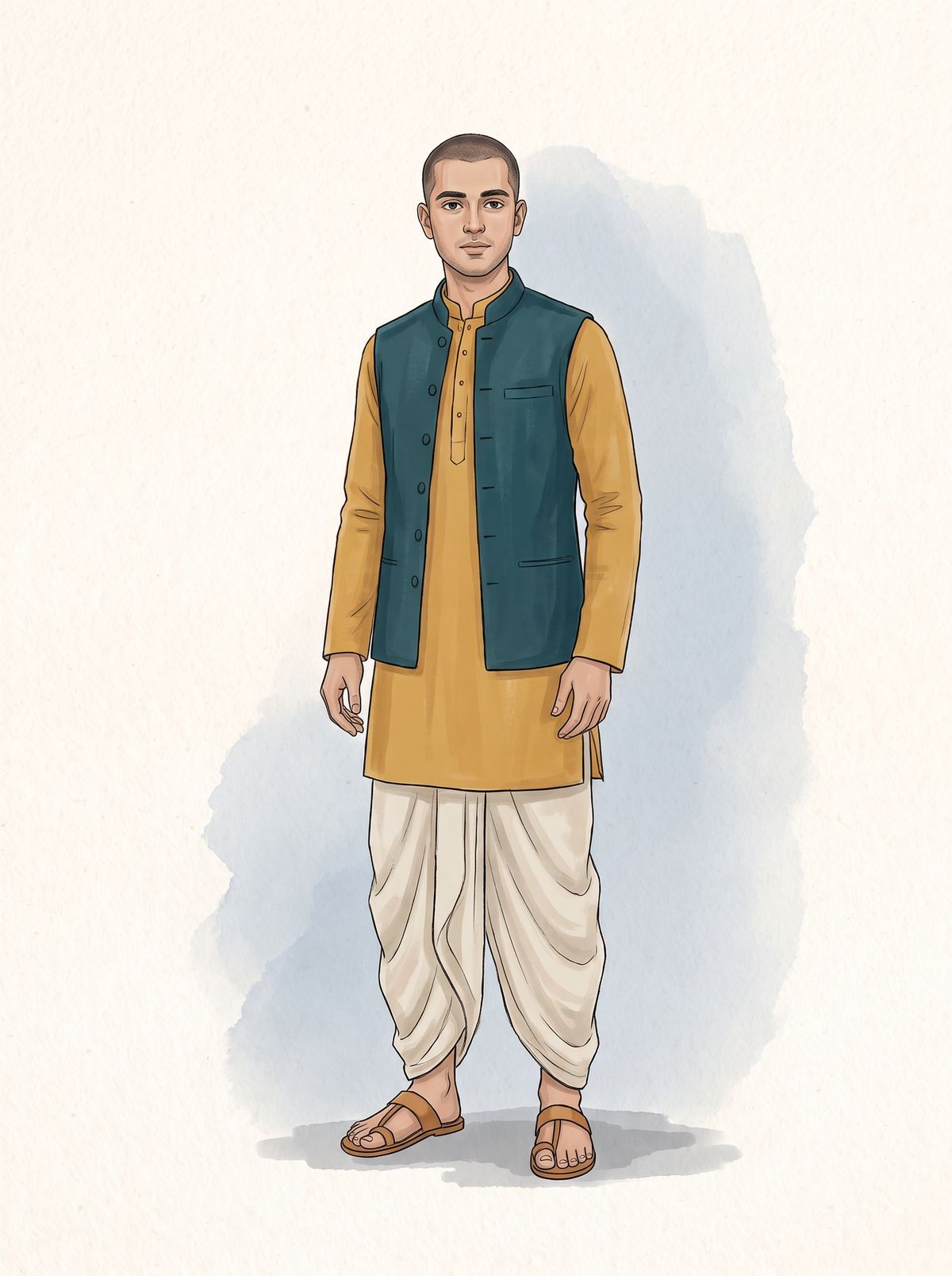An illustration of a young man standing in a short mustard cotton kurta with a mandarin collar, loose off-white draped dhoti-style trousers, an open deep teal sleeveless jacket and tan sandals, against a pale blue wash
