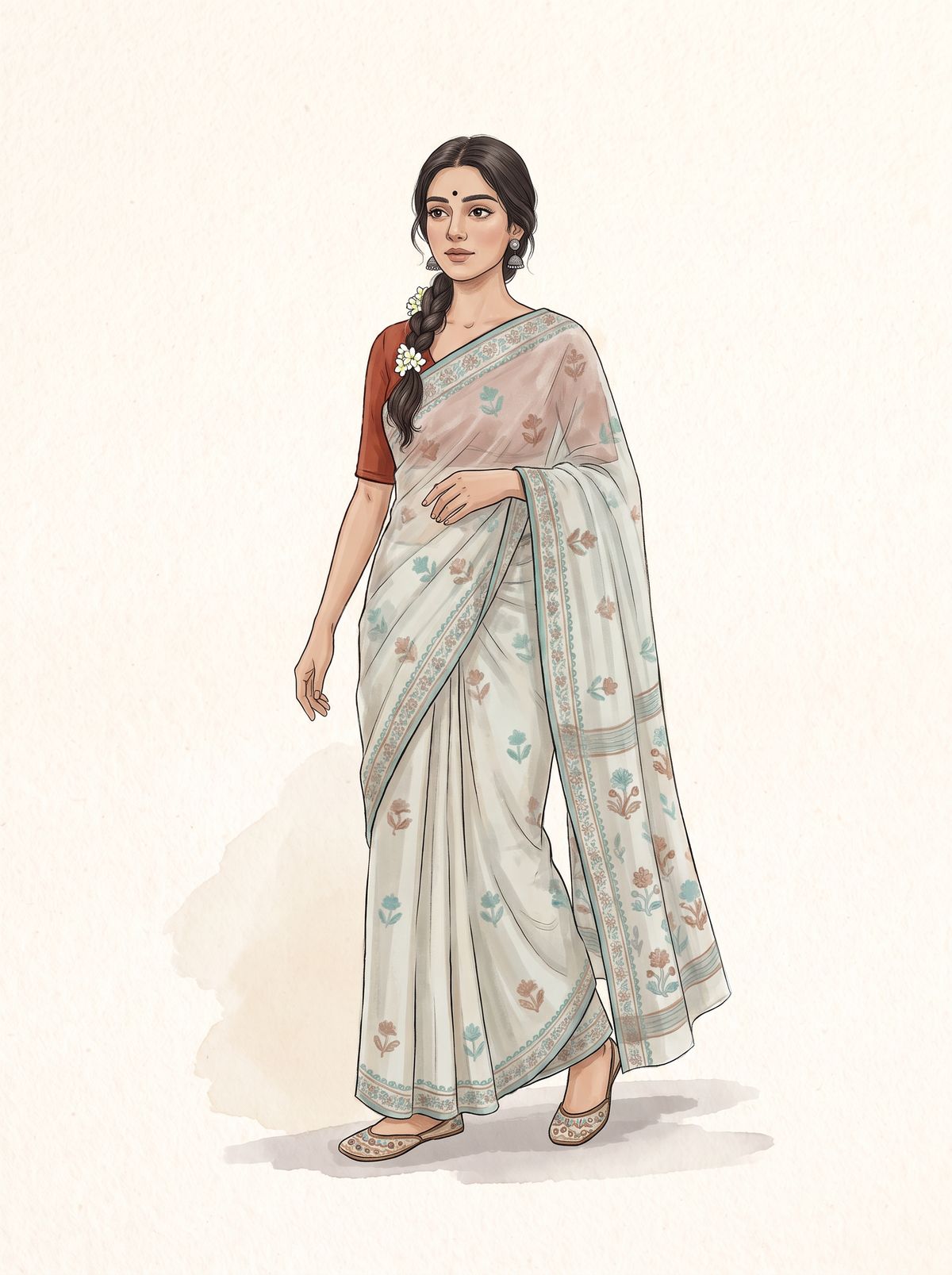 An illustration of a young woman walking in a sheer off-white cotton jamdani saree with teal and rust woven flowers, a rust short-sleeved blouse, silver jhumkas, white flowers in a side braid and flat embroidered juttis