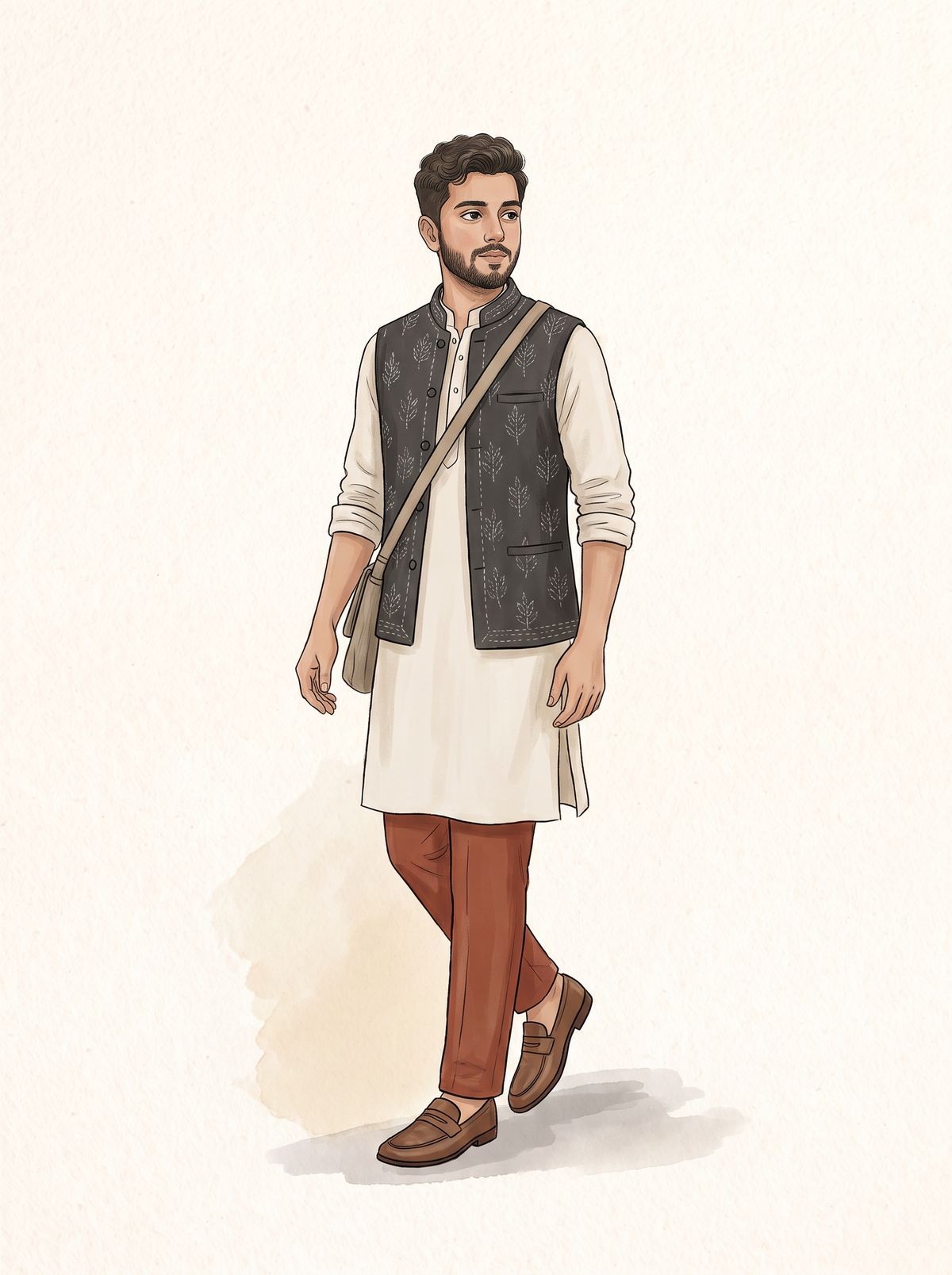 An illustration of a young man walking in an ivory cotton kurta, a charcoal sleeveless koti with white kantha leaf stitching, rust trousers, brown loafers and a cloth bag across his body