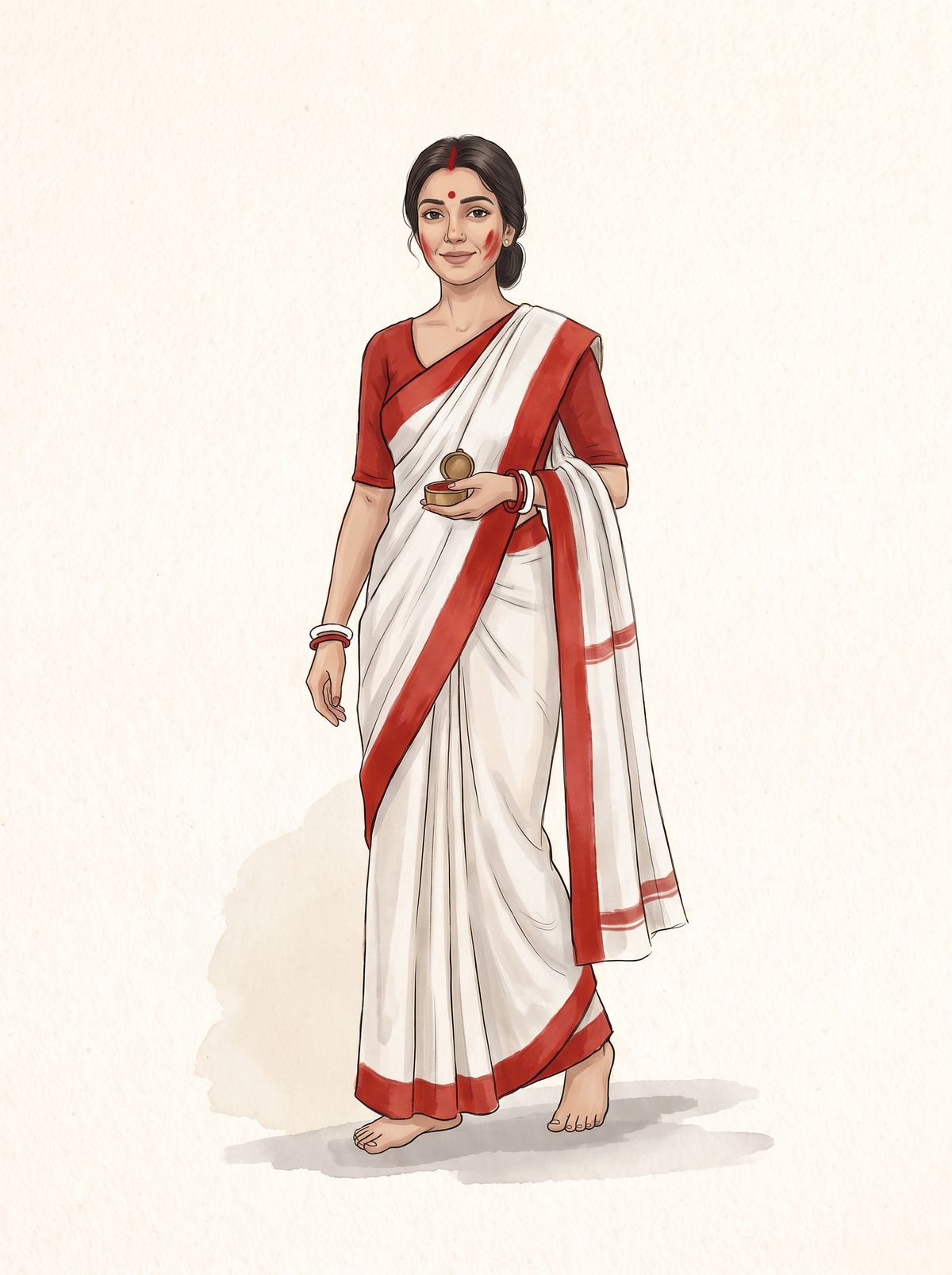 An illustration of a smiling woman in her forties on Bijoya Dashami in a white cotton saree with a wide red border, a red blouse, white and red bangles on each wrist, sindoor in her parting and a soft smear of it on her cheek, holding a small brass sindoor box, barefoot