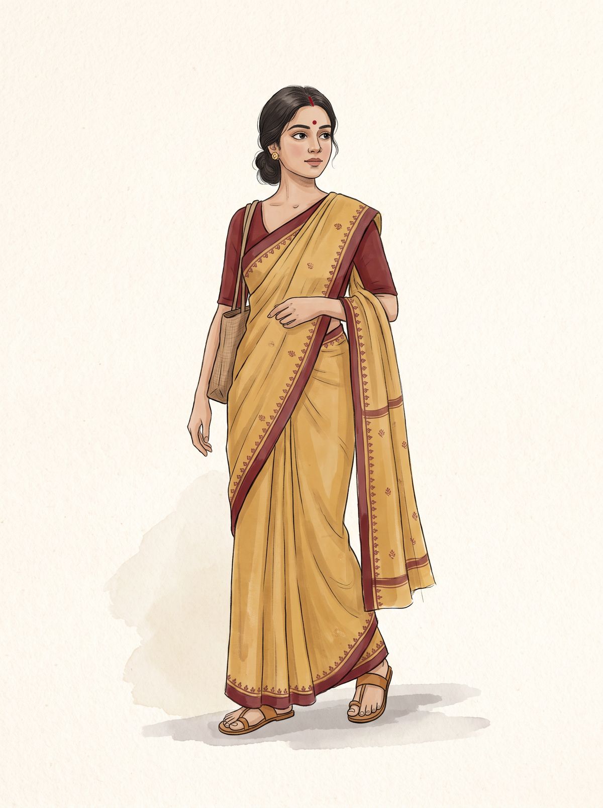 An illustration of a young woman walking in a mustard cotton tant saree with a woven maroon border and small motifs, a maroon elbow-sleeve blouse, a red bindi, a jute tote on her shoulder and flat tan sandals