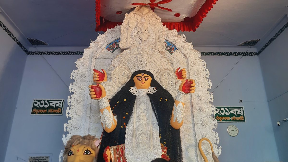 A tall Jagaddhatri image on a lion in a pale blue hall: four red-palmed hands, long black hair, a carved white backdrop, and green boards on the walls reading 231 years