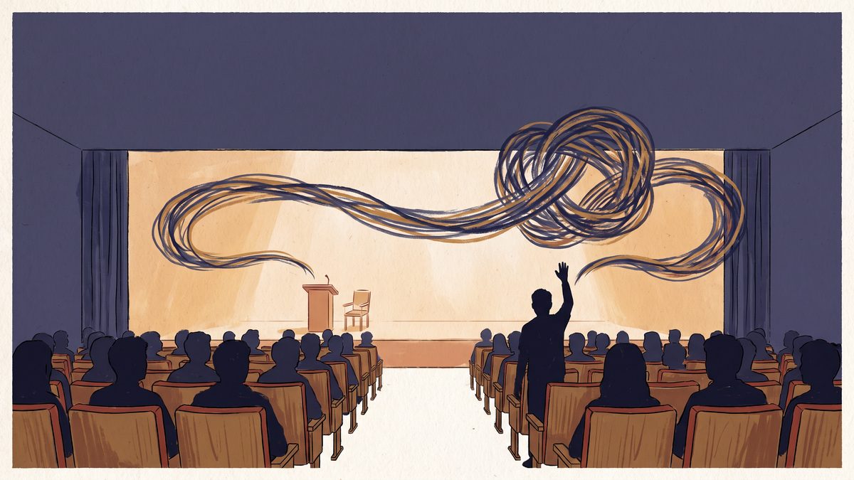 An illustration: an auditorium seen from the back, a lectern and an empty chair on the stage, one student standing with a raised hand, and two ribbons of sound from the stage and from the student tangled into a knot above the hall